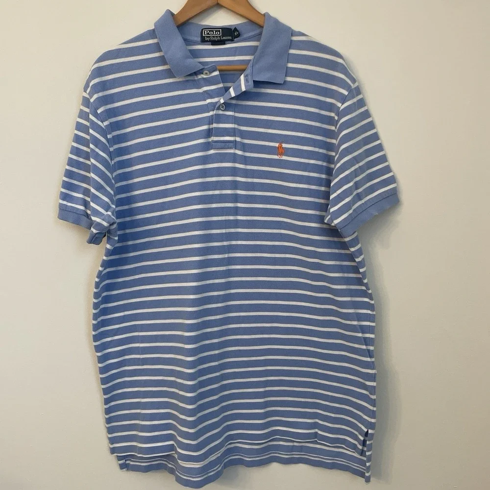 Polo Ralph Lauren Shirt XL Blue White Striped Orange‎ Pony Preppy Cotton Mens XL